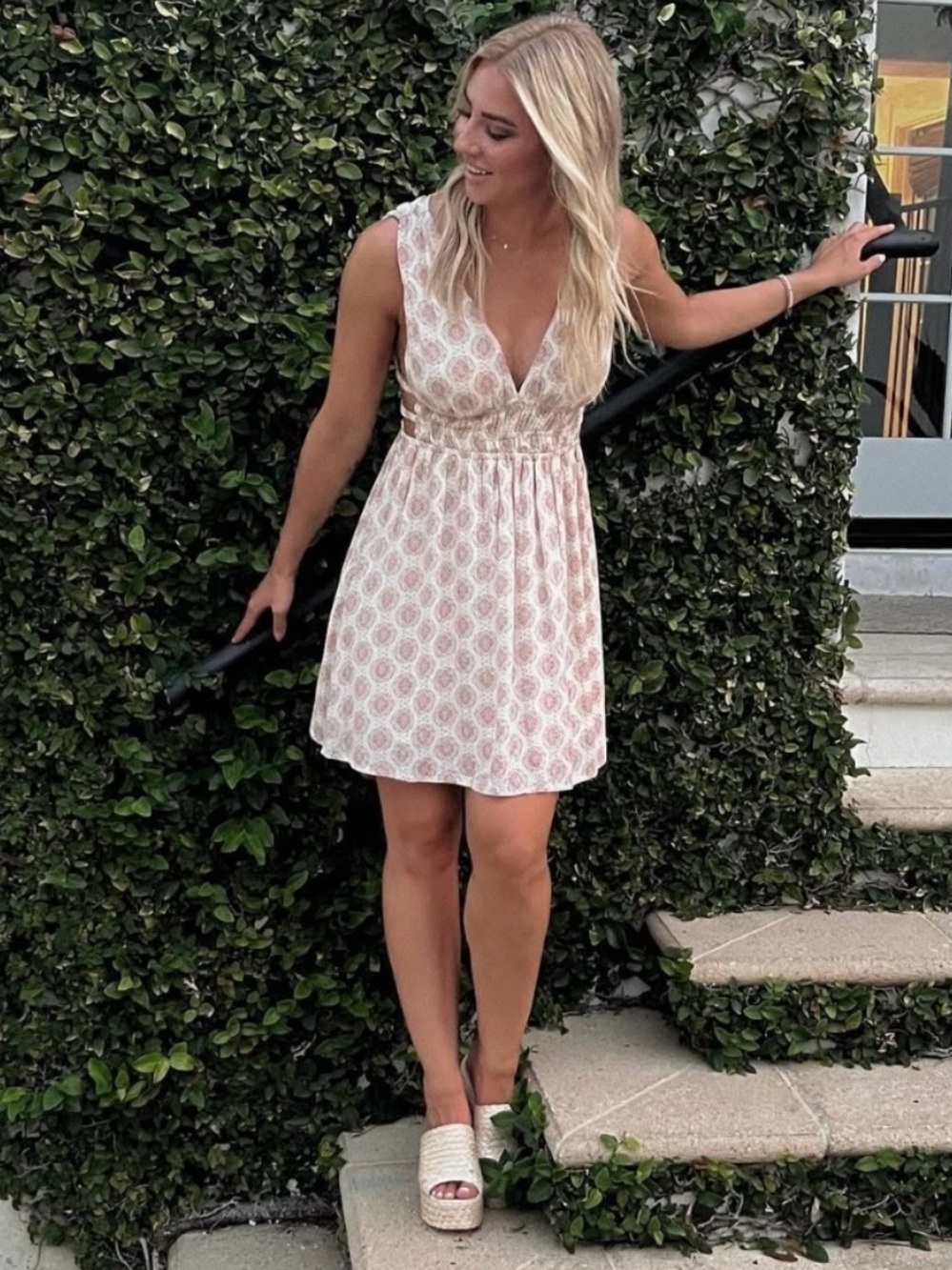Papermoon White and Pink Printed V-Neck Mini Dress
